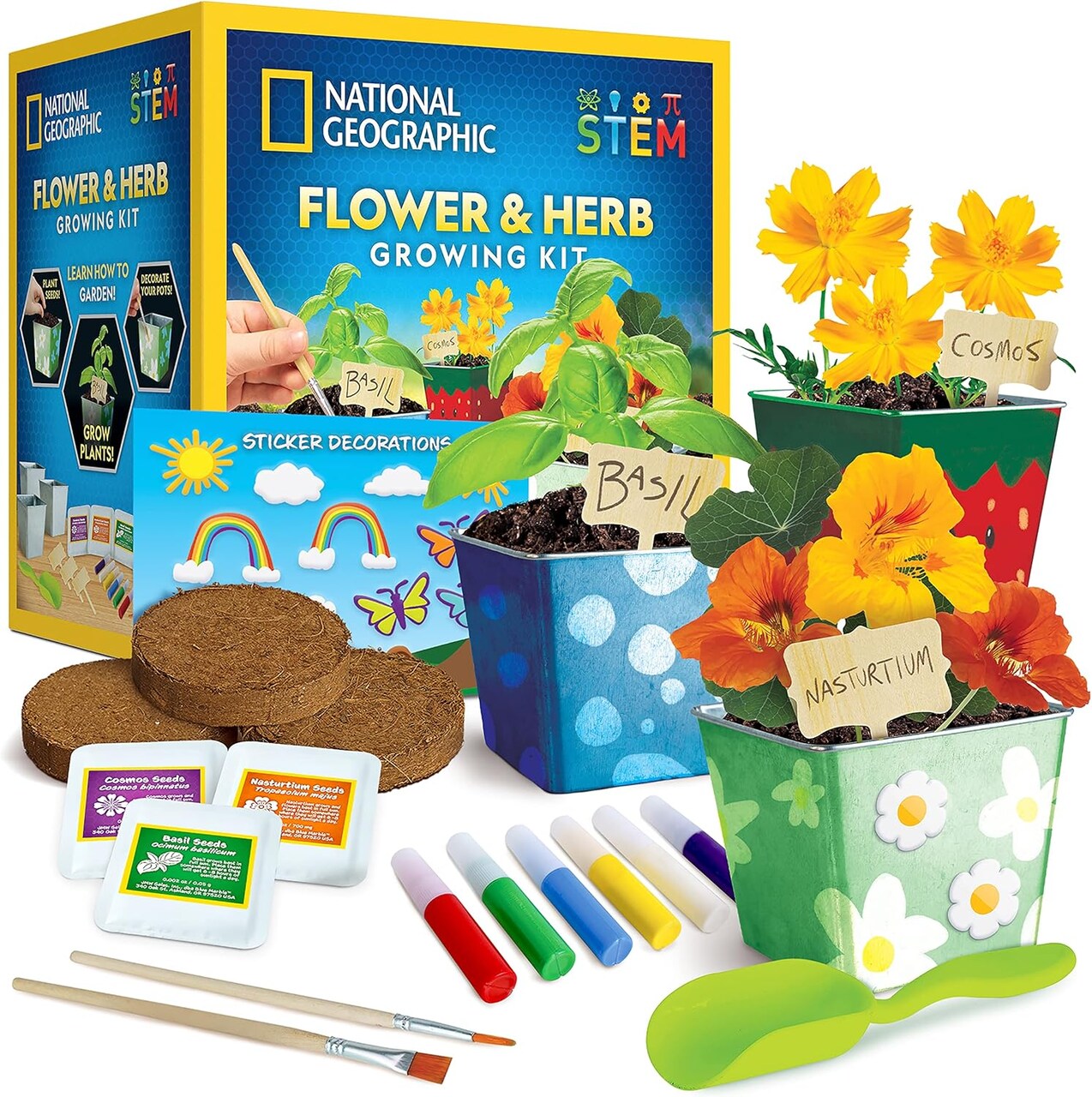 National Geographic Summer Flower & Herb Gardening Kit for Kids - Gardening Set with 3 Stainless Steel Pots, Paint & Stickers, Outdoor Toys, Craft Kits, Kids Plant Growing Kit, Easter Basket Stuffers
